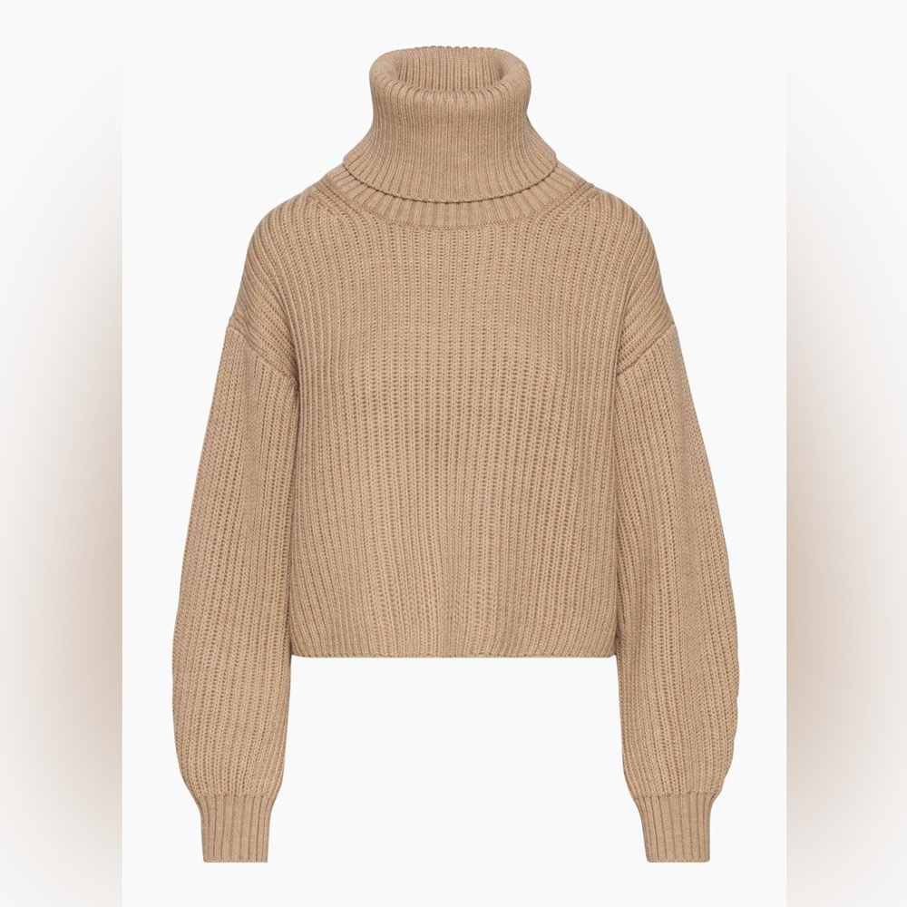 Aritzia Babaton Guell Wool Knit Ribbed Turtleneck Sweater Heather Gold Camel S